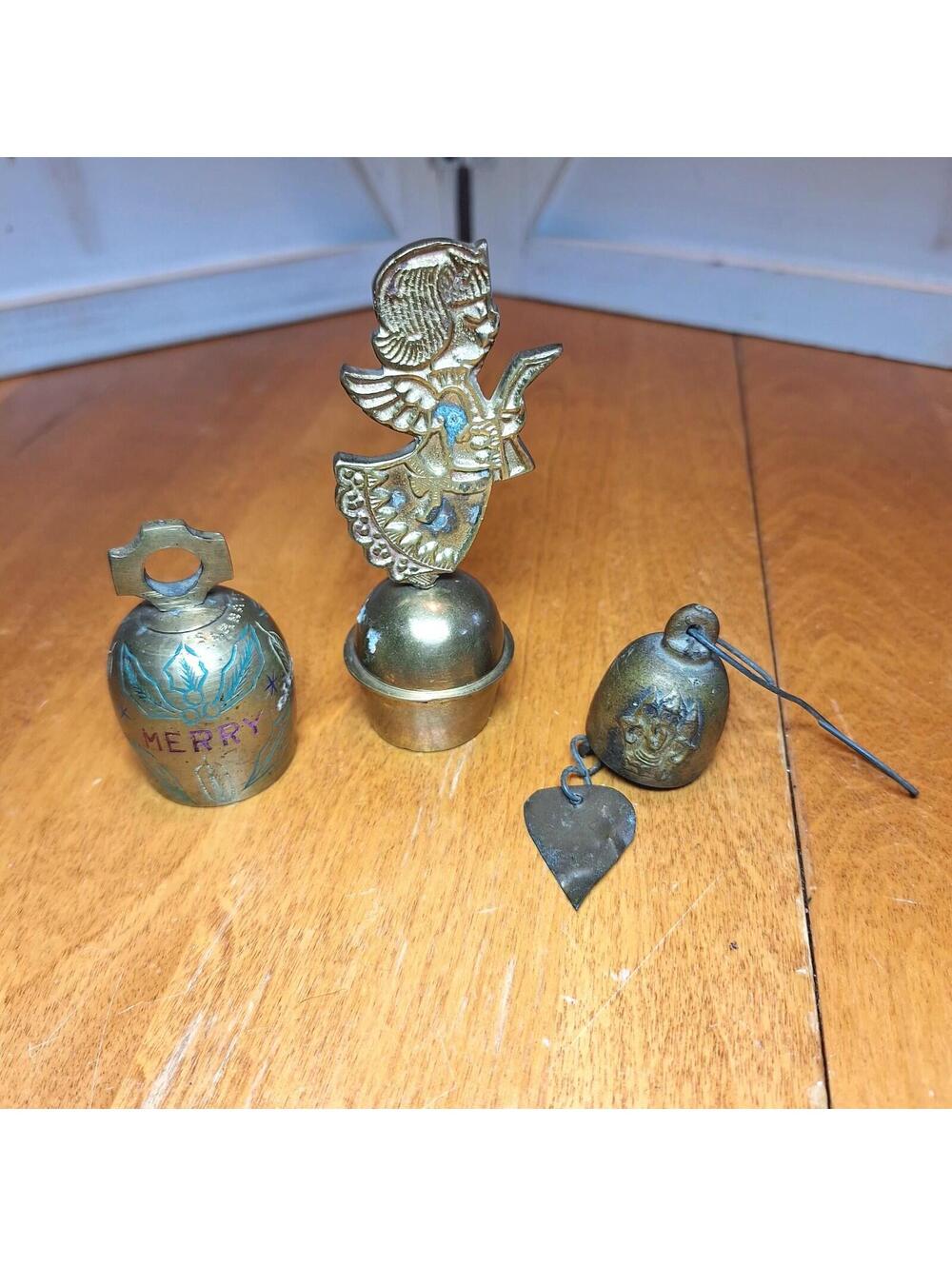 Lot of 3 Vintage Brass Mini Bells Angel/Merry Christmas/Thailand